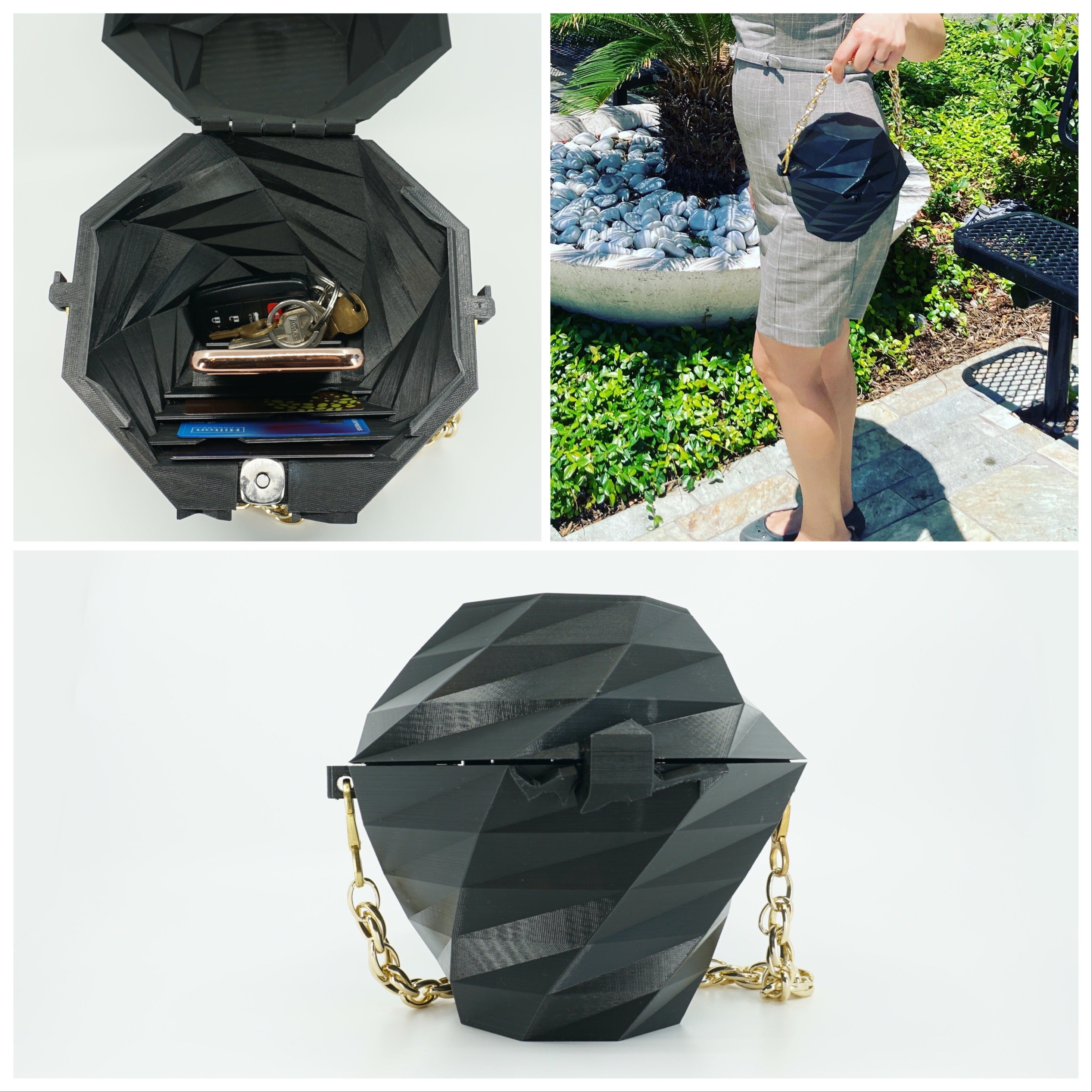 Geometric Purse - Black, Built in Wallet - 3D Printed