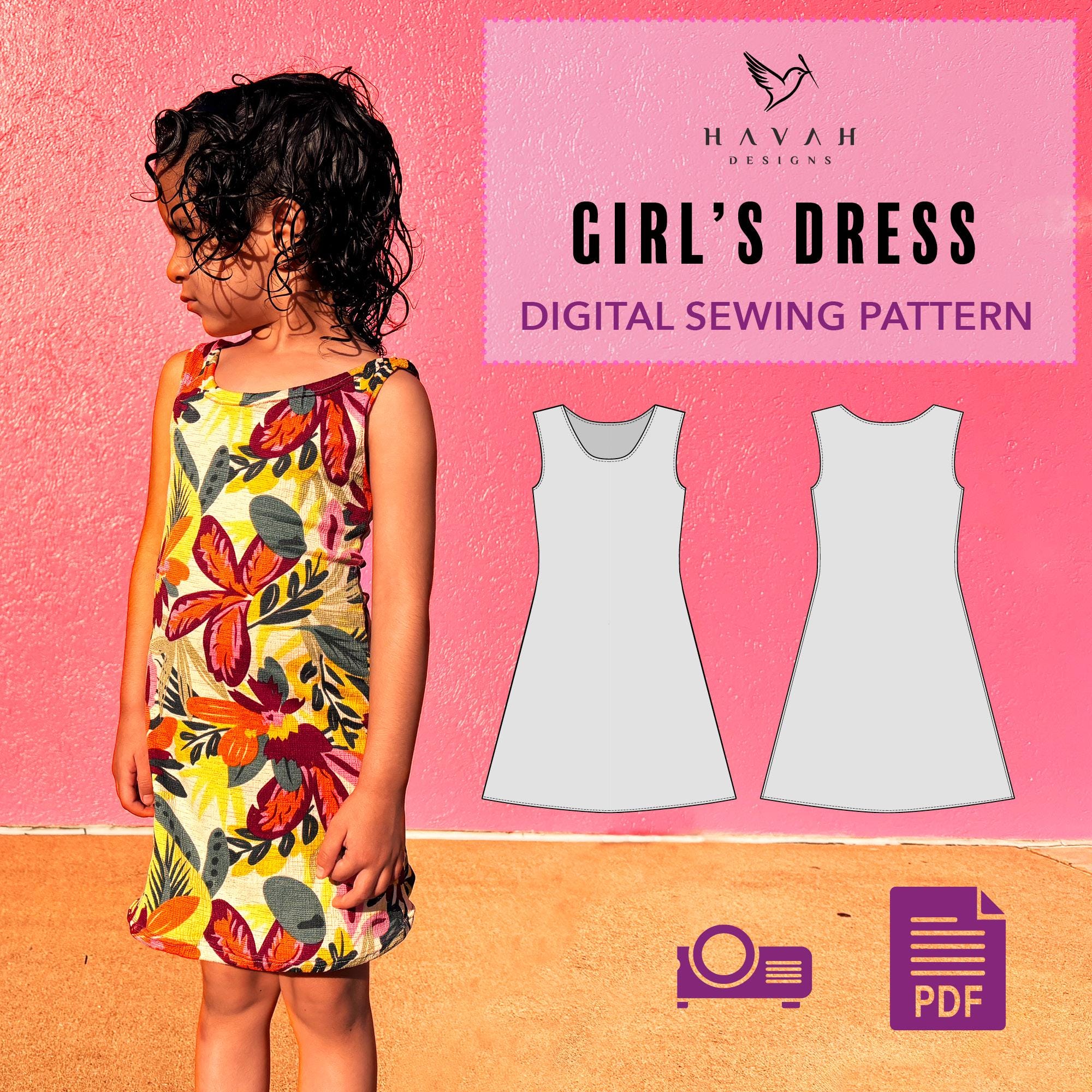 Girl's Dress Sewing Pattern: Video Tutorial, Sizes 2T-9 (PDF, SVG, A0, Projector Files)