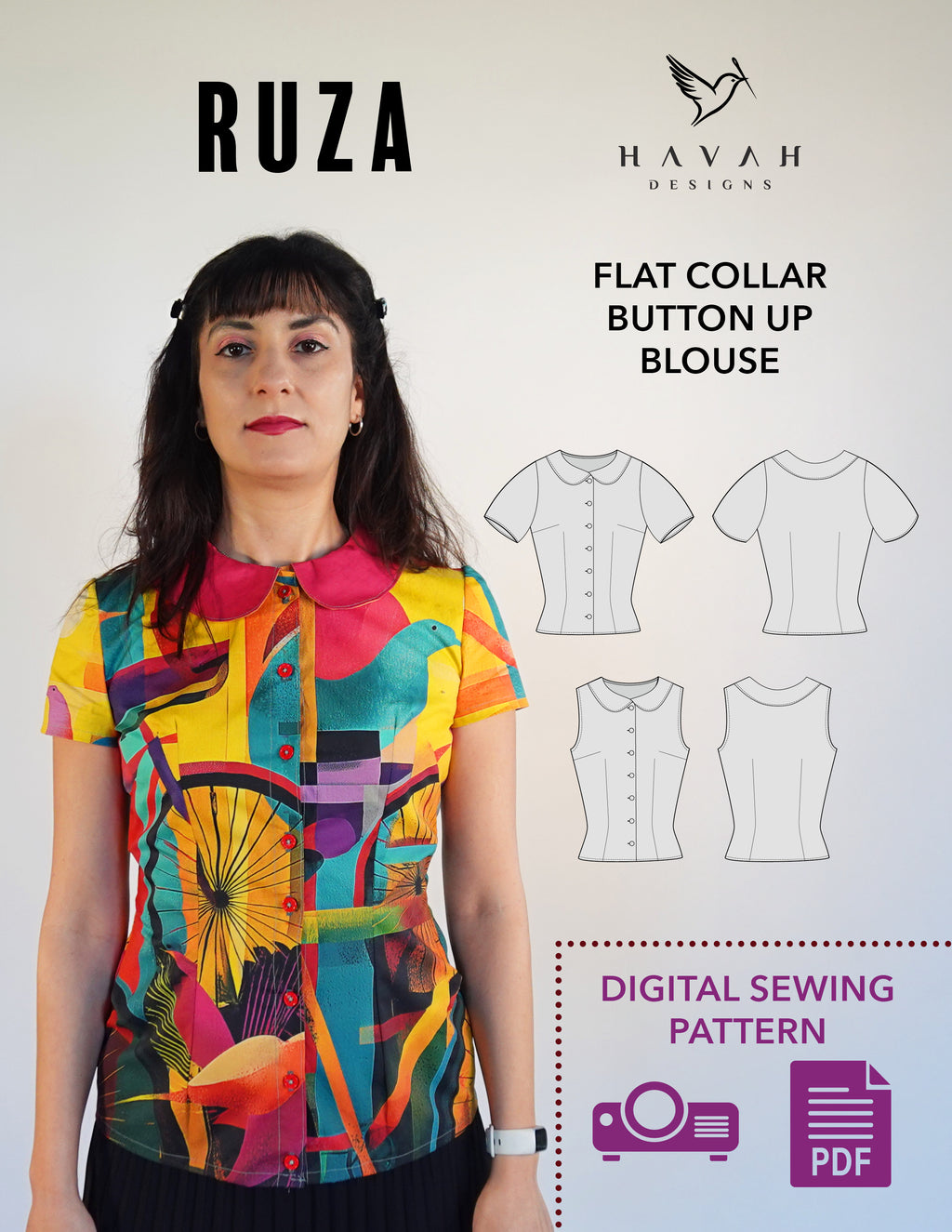 Flat Collar Blouse - Sewing Pattern in PDF, A4, A0 & Projector - Easy Instructions, Video Tutorial Included! - XXS-XXL