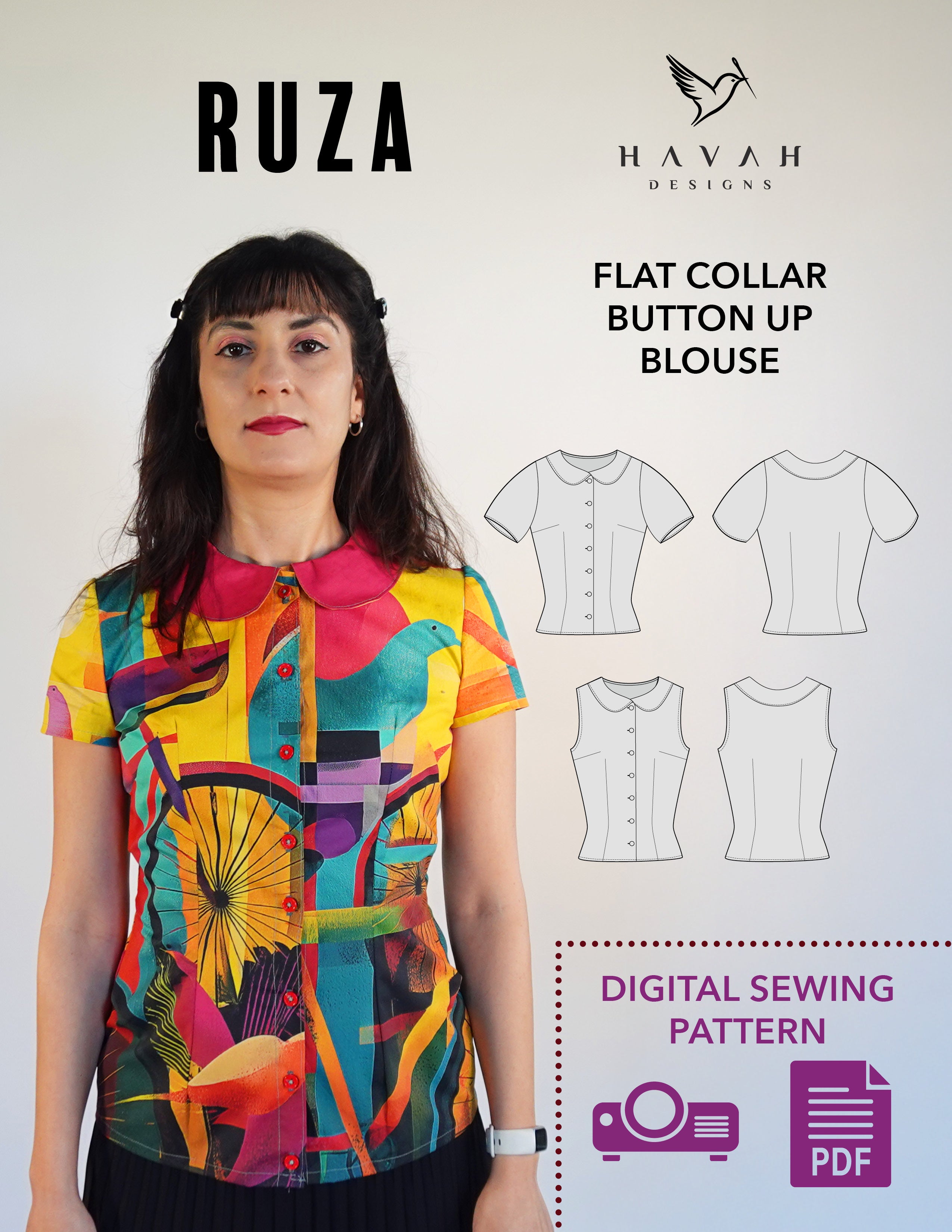Flat Collar Blouse - Sewing Pattern in PDF, A4, A0 & Projector - Easy Instructions, Video Tutorial Included! - XXS-XXL